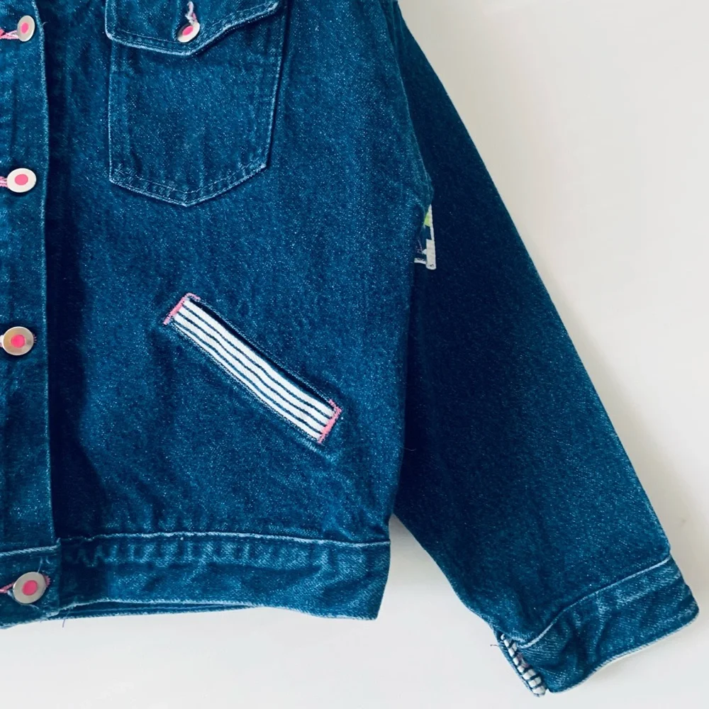 Vintage OshKosh Denim Jacket Stripe Collar Patchwork Size 12 Dark Blue Granola